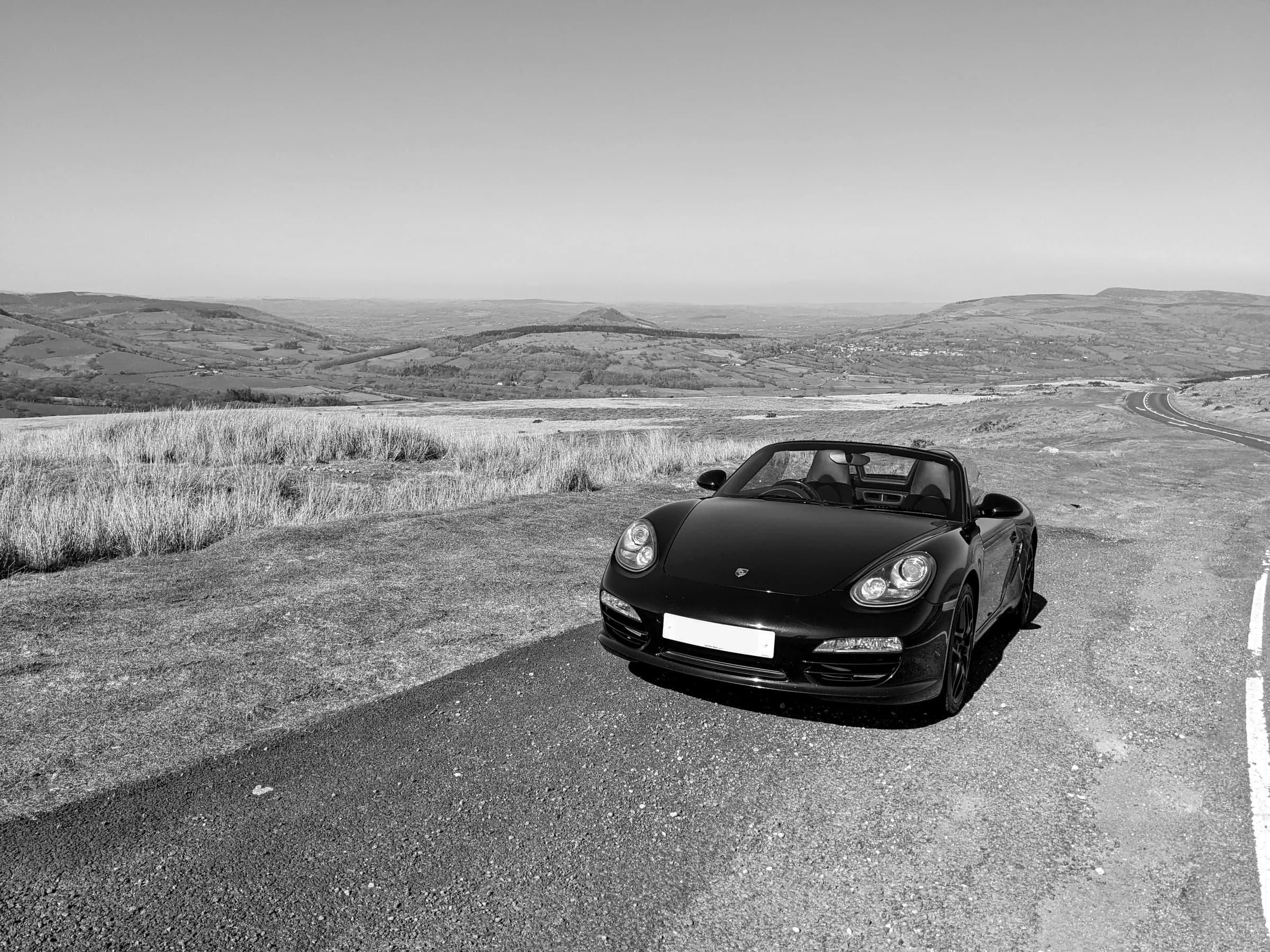 A Boxster on the moorland road above Llangynidr