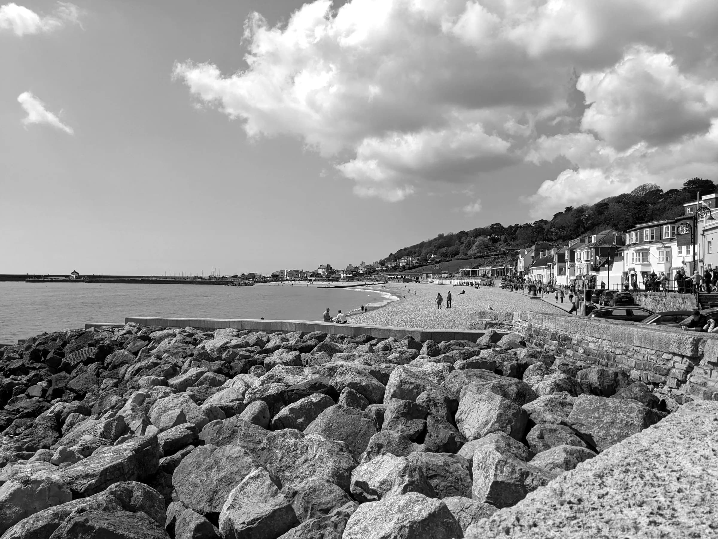 Lyme Regis seafront from the rocks along the shore